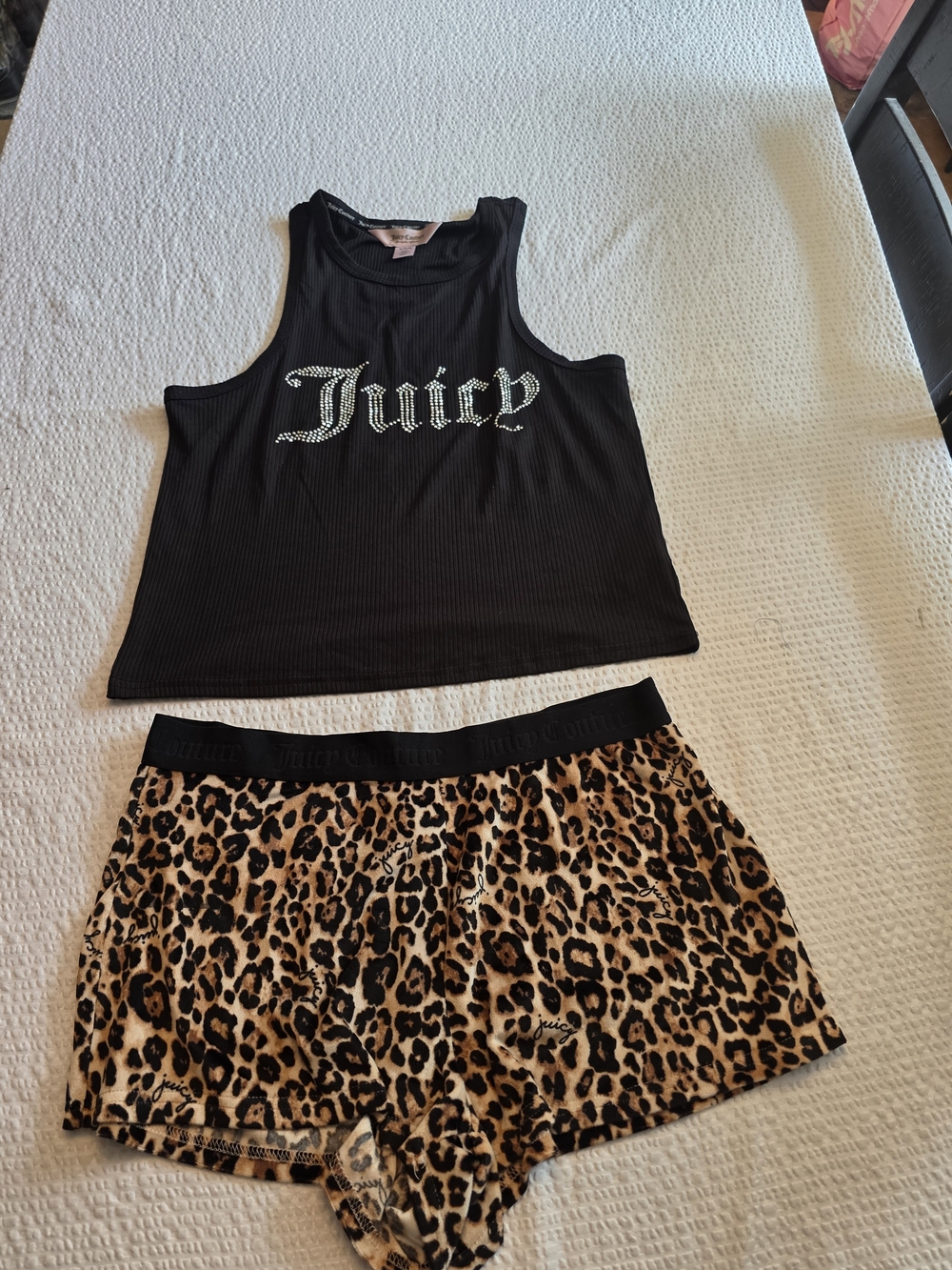 Juicy Couture Black Rhinestone Logo Tank & Leopard Sleep Shorts Set L